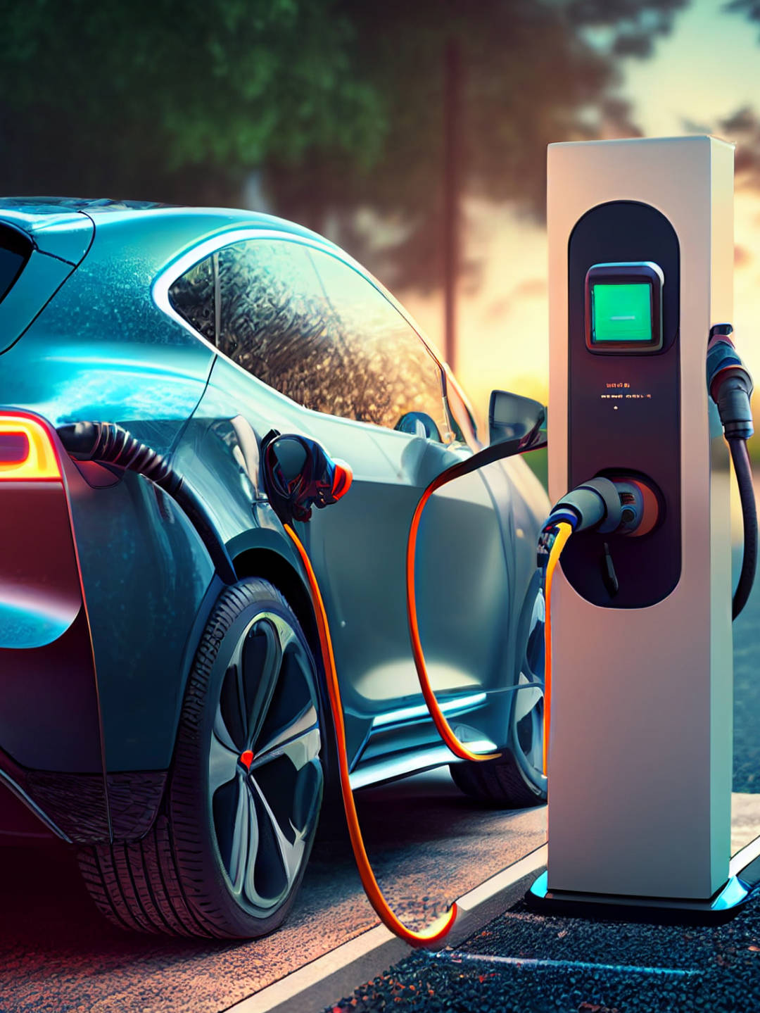 Battery Electric Vehicle Electric car charging at a gas station in the city