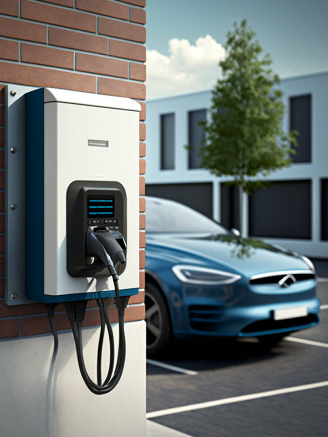 PHEV A Plug in hybrid electric vehicle parked next to a charging station.